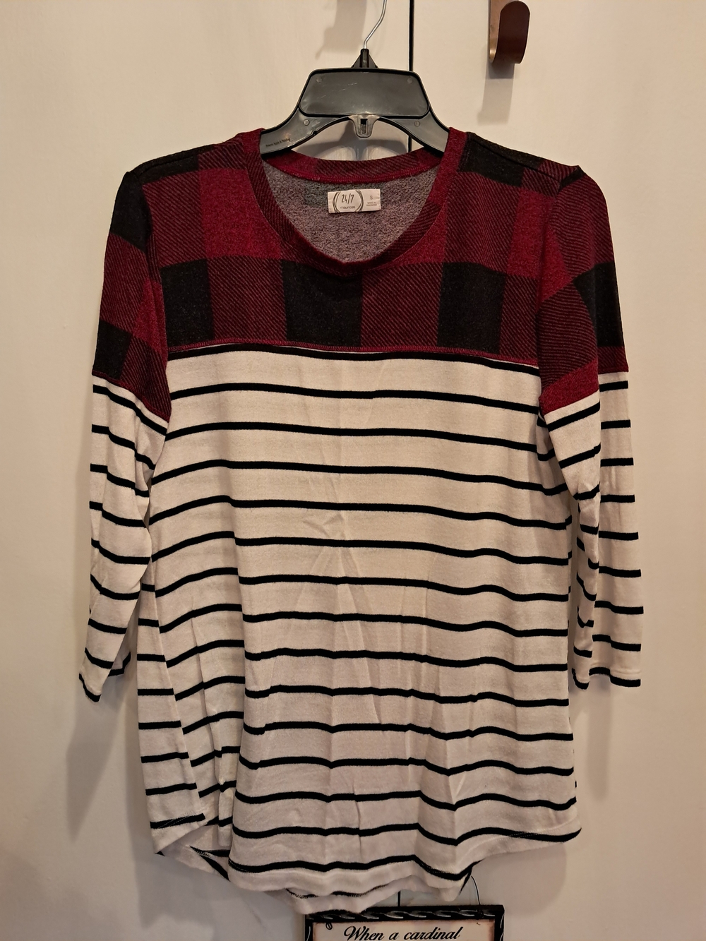 Maurices Red & Black Buffalo Plaid Top with Black-Striped Cream Body